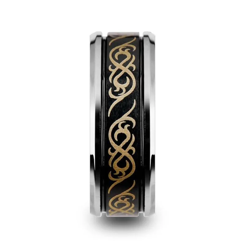 AVILIUS Celtic Pattern Tungsten Ring Dual Offset Grooves Beveled Edges - 9mm