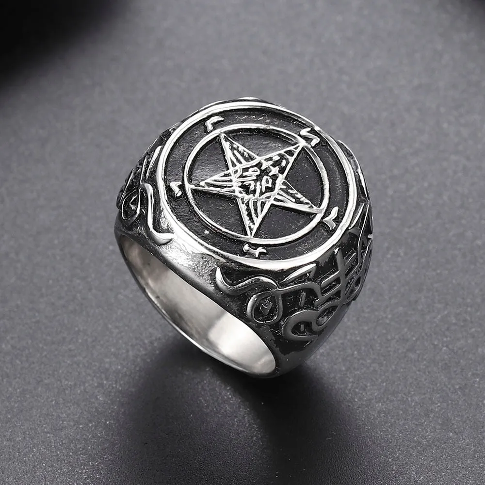 Baphomet Goat Pentagram Ring Satanic Leviathan Cross Gothic Witch Rings