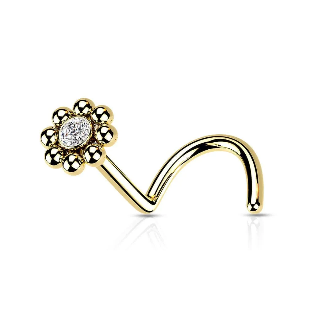 Beaded Ball Flower w/ CZ Center Top Nose Screw Rings 20g & 18g