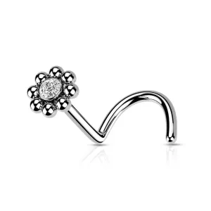 Beaded Ball Flower w/ CZ Center Top Nose Screw Rings 20g & 18g