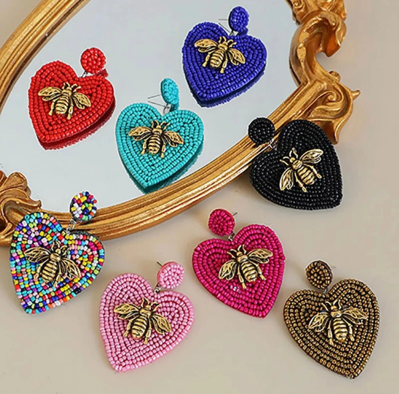 Beaded Heart Earrings with a Golden Bee 230-13 | Erika Williner Designs