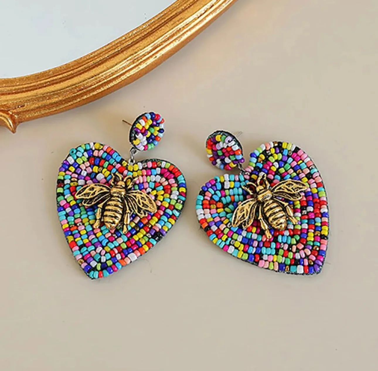 Beaded Heart Earrings with a Golden Bee 230-13 | Erika Williner Designs