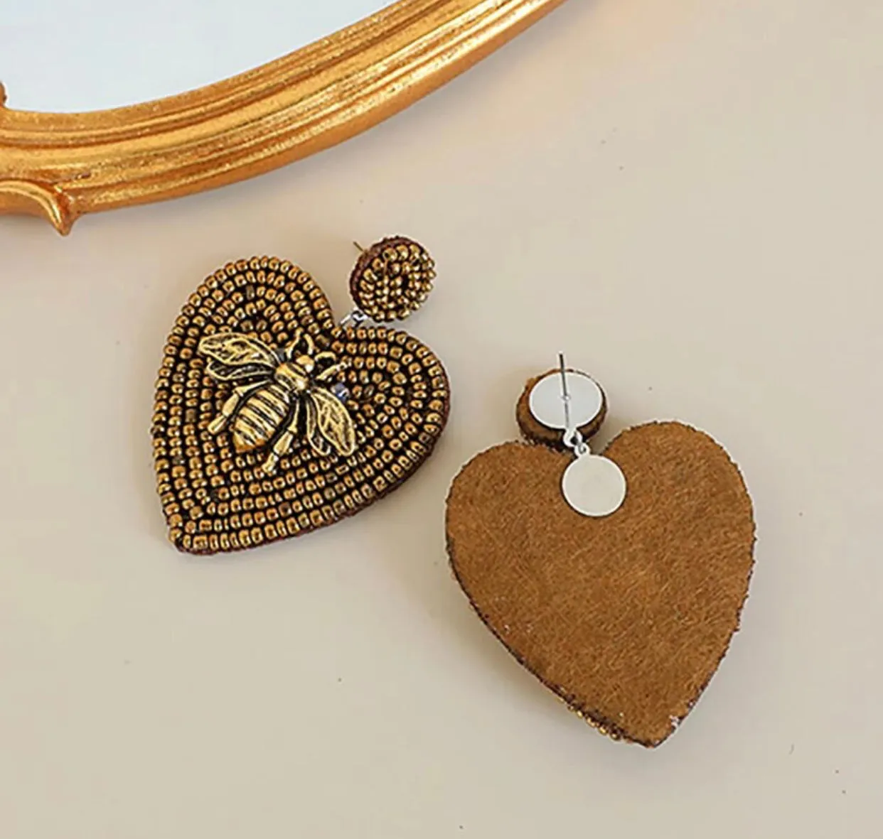 Beaded Heart Earrings with a Golden Bee 230-13 | Erika Williner Designs