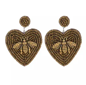 Beaded Heart Earrings with a Golden Bee 230-13 | Erika Williner Designs