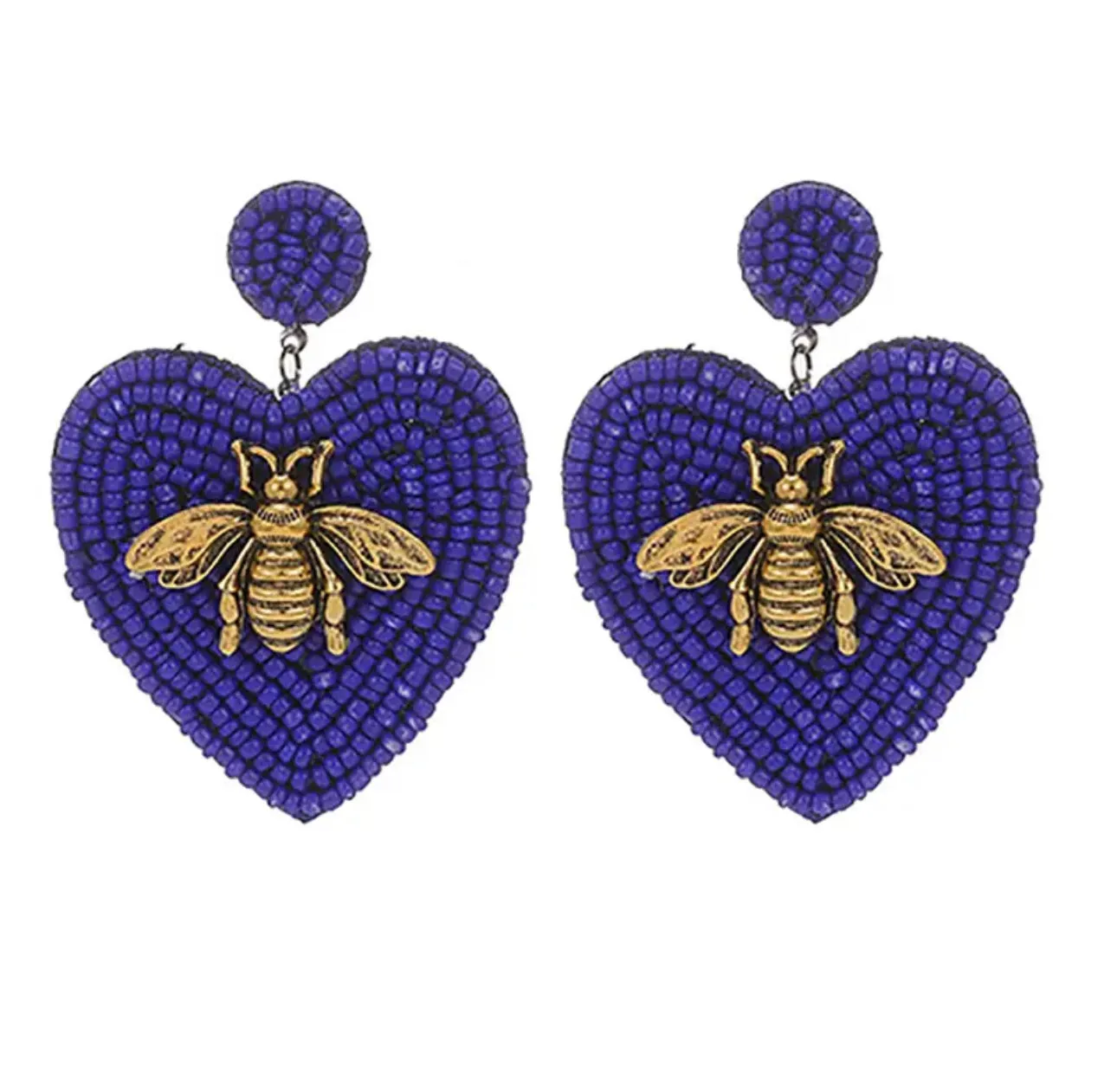 Beaded Heart Earrings with a Golden Bee 230-13 | Erika Williner Designs