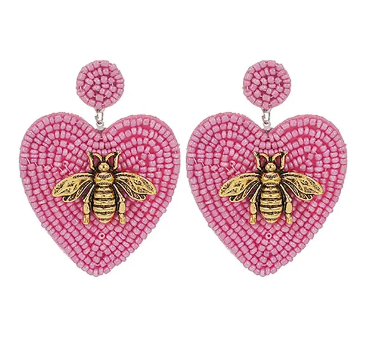 Beaded Heart Earrings with a Golden Bee 230-13 | Erika Williner Designs