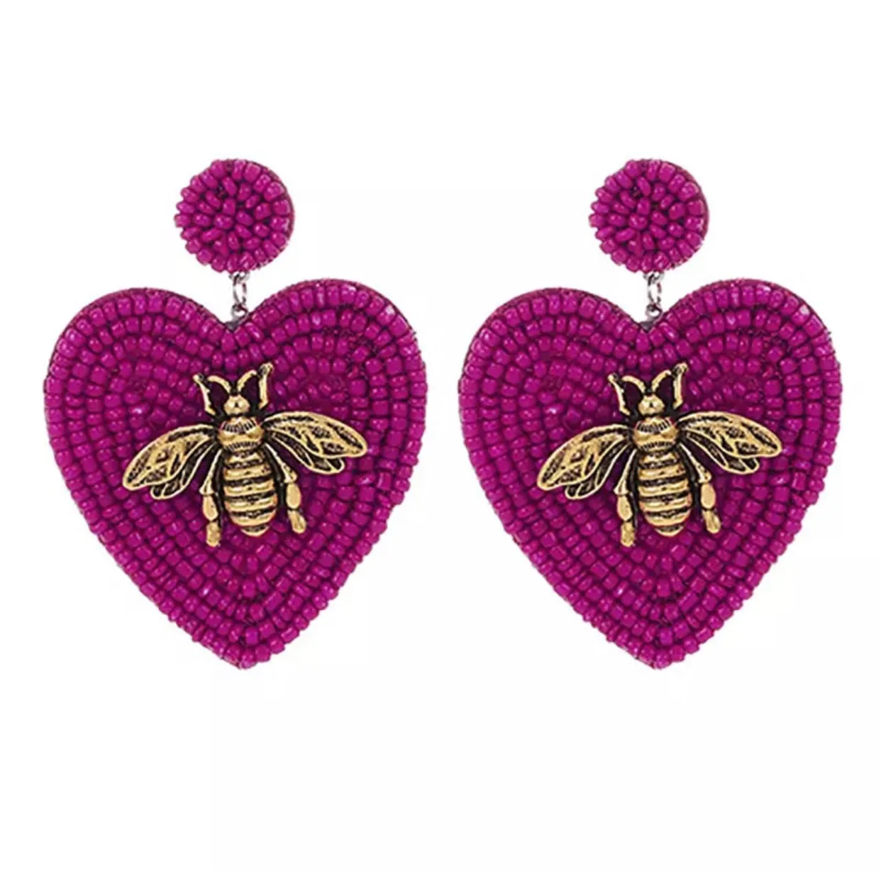 Beaded Heart Earrings with a Golden Bee 230-13 | Erika Williner Designs