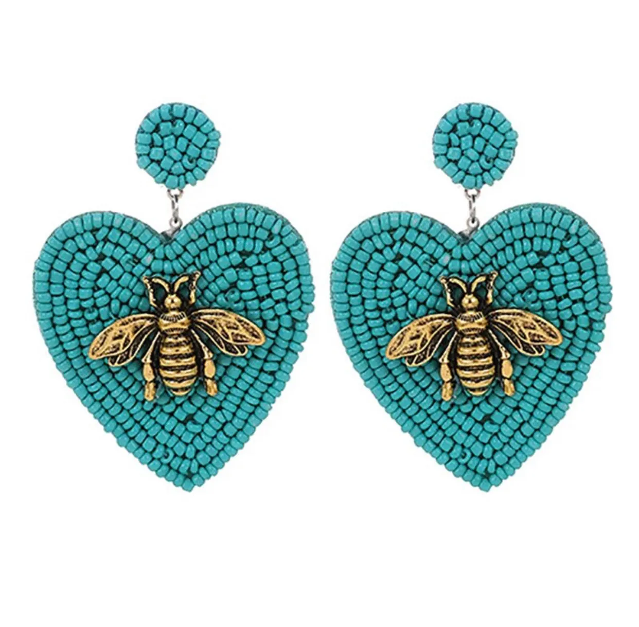 Beaded Heart Earrings with a Golden Bee 230-13 | Erika Williner Designs
