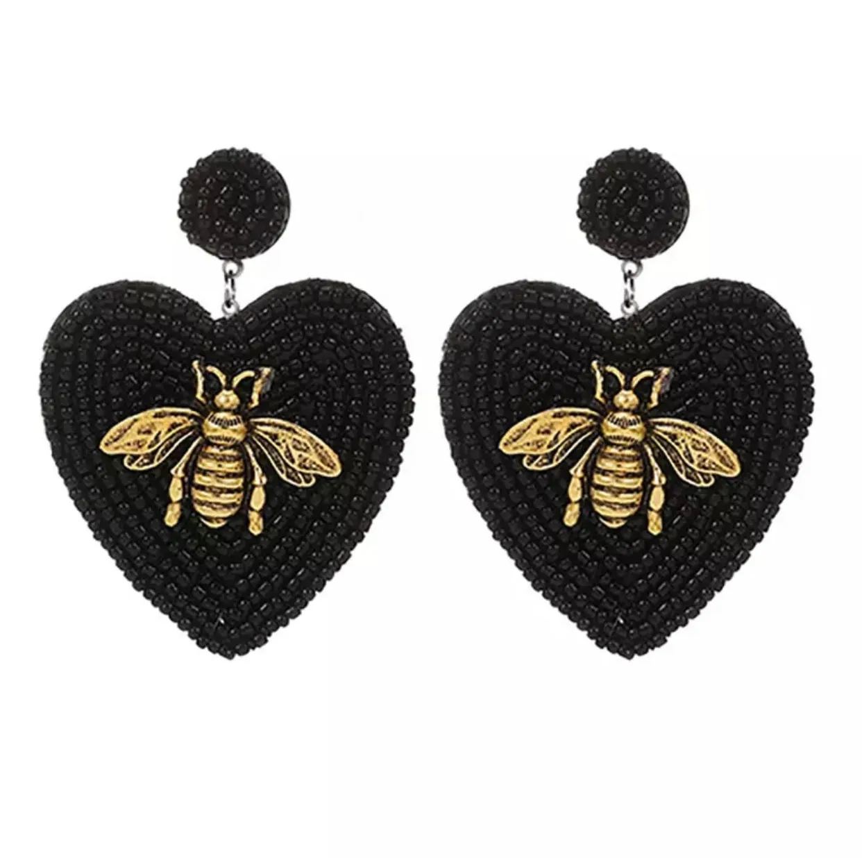 Beaded Heart Earrings with a Golden Bee 230-13 | Erika Williner Designs