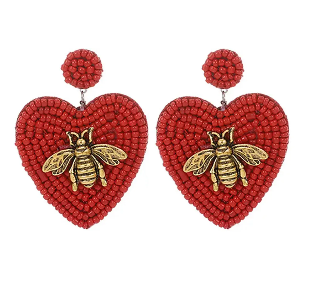 Beaded Heart Earrings with a Golden Bee 230-13 | Erika Williner Designs