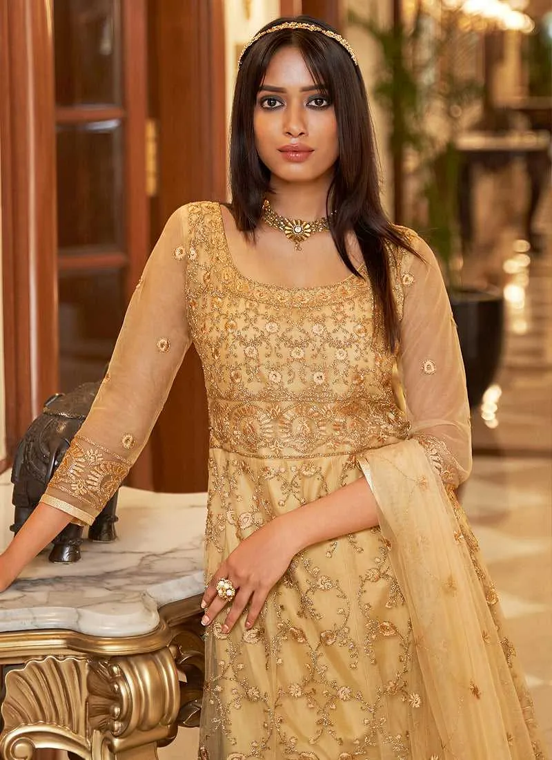 Beige Floral Designer Embroidered Kalidar Anarkali