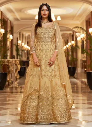 Beige Floral Designer Embroidered Kalidar Anarkali