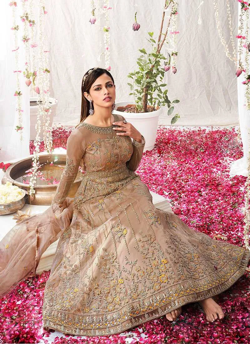 Beige Heavy Embroidered Designer Kalidar Anarkali Suit