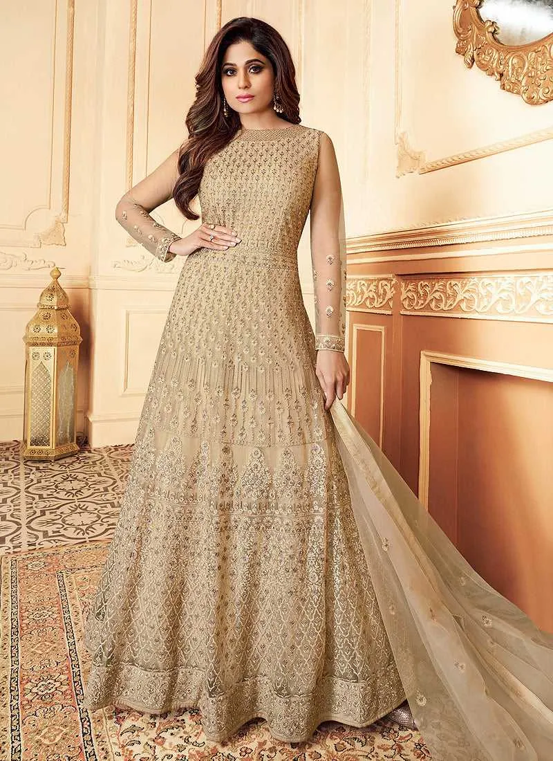 Beige Heavy Embroidered Gown Style Anarkali