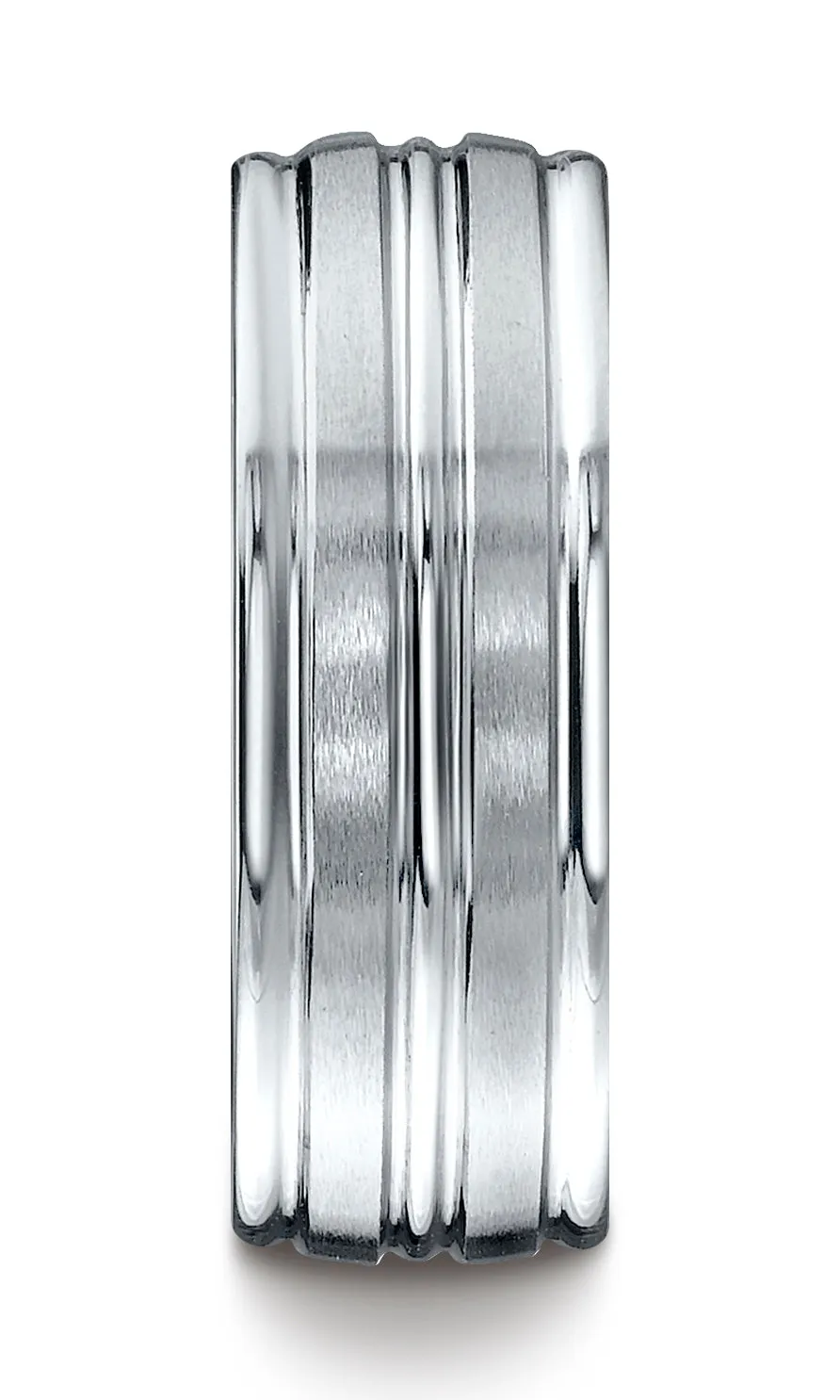 Benchmark 10K White Gold 8mm Comfort-Fit with High Polish Center Trim and Round Edge Carved Design Ring
