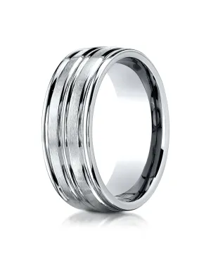 Benchmark 10K White Gold 8mm Comfort-Fit with High Polish Center Trim and Round Edge Carved Design Ring