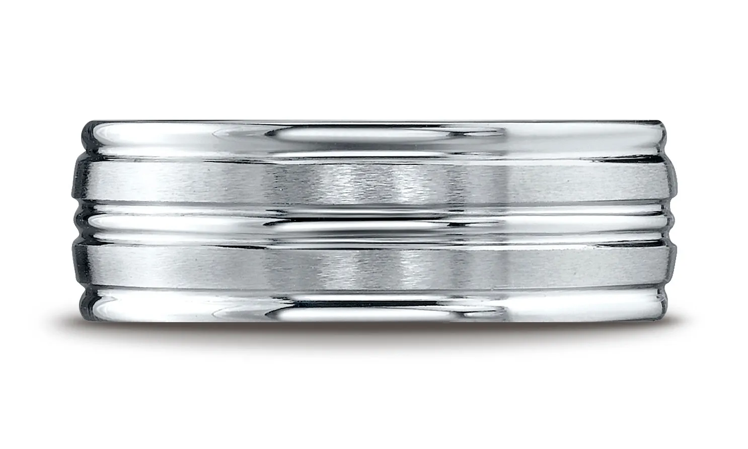 Benchmark 10K White Gold 8mm Comfort-Fit with High Polish Center Trim and Round Edge Carved Design Ring