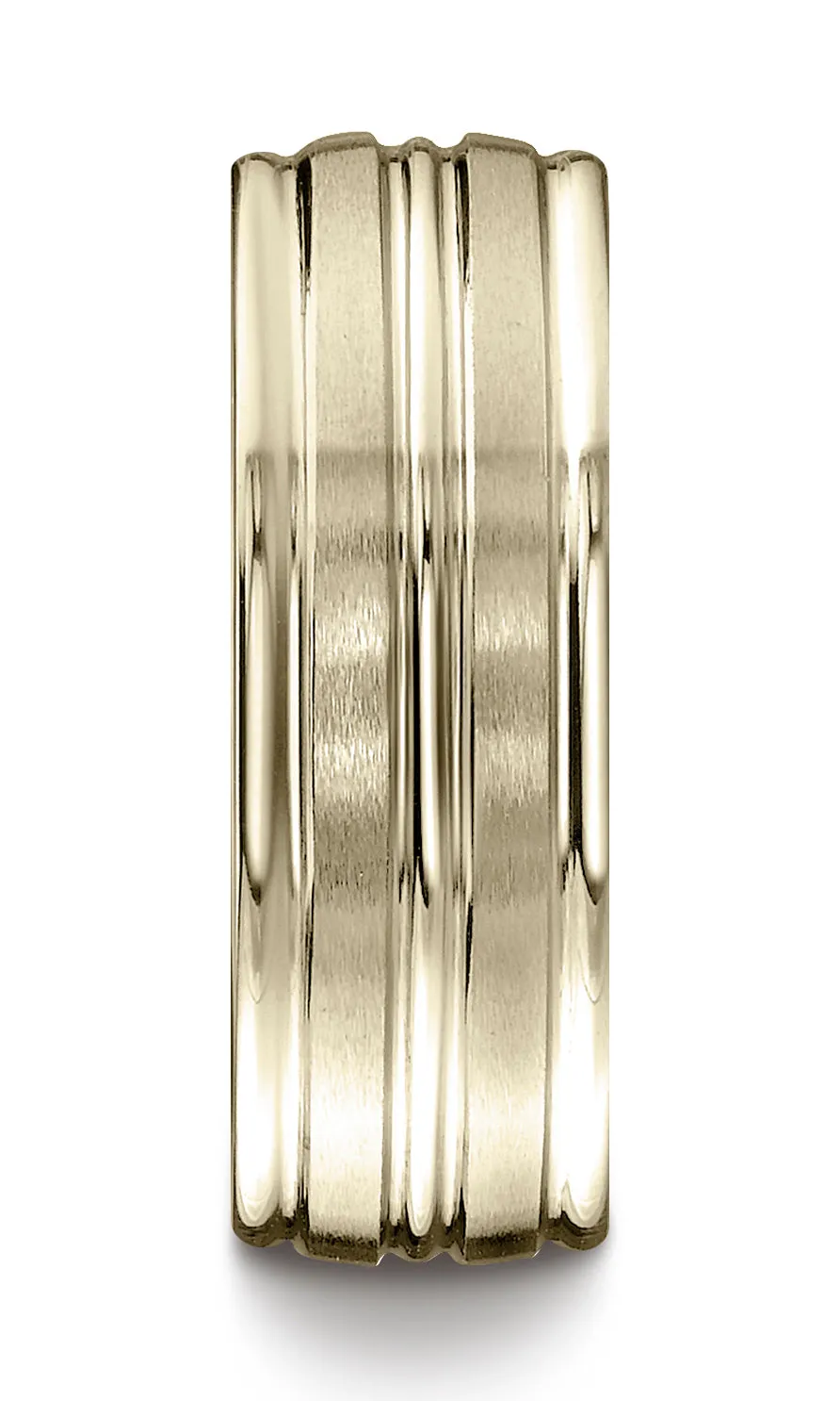 Benchmark 10K Yellow Gold 8mm Comfort-Fit with High Polish Center Trim and Round Edge Carved Design Ring