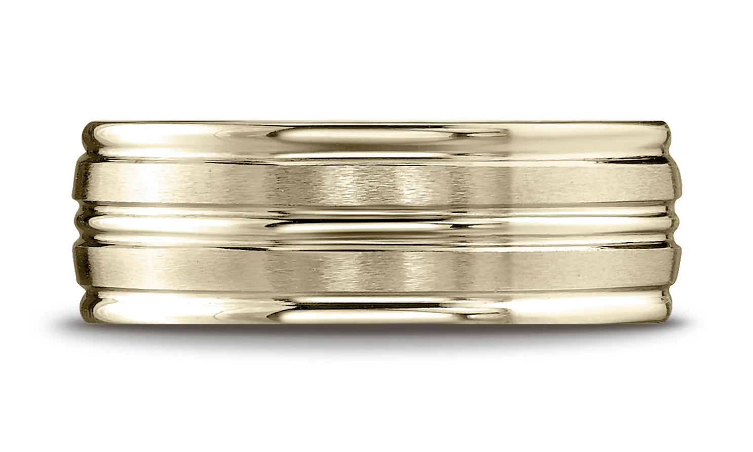 Benchmark 10K Yellow Gold 8mm Comfort-Fit with High Polish Center Trim and Round Edge Carved Design Ring