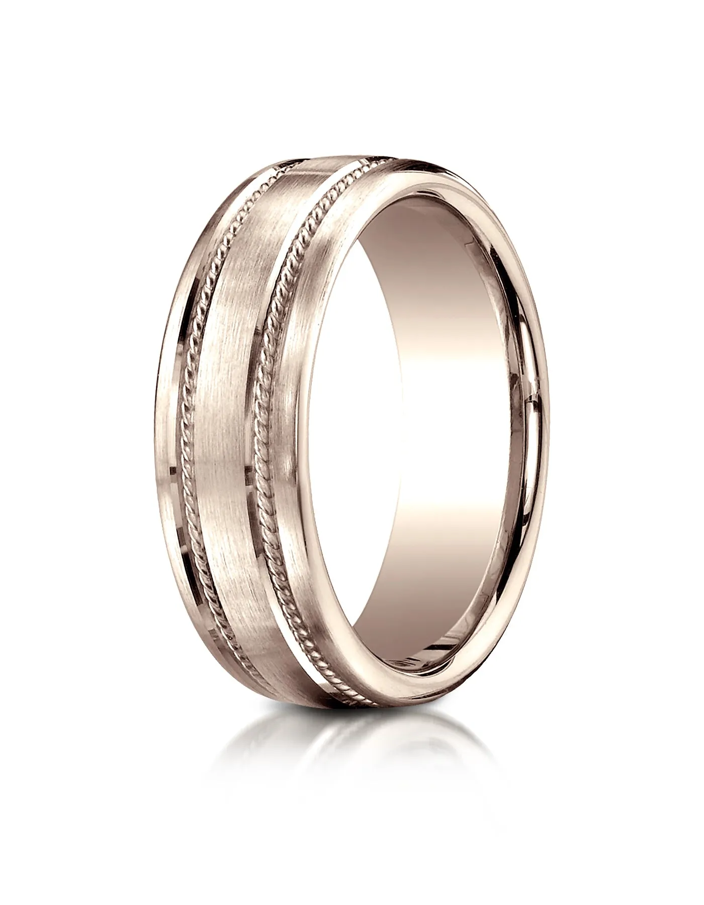 Benchmark 14K Rose Gold 7.5mm Comfort-Fit Satin-Finished Rope Carved Design Wedding Band Ring