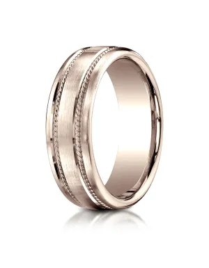 Benchmark 14K Rose Gold 7.5mm Comfort-Fit Satin-Finished Rope Carved Design Wedding Band Ring