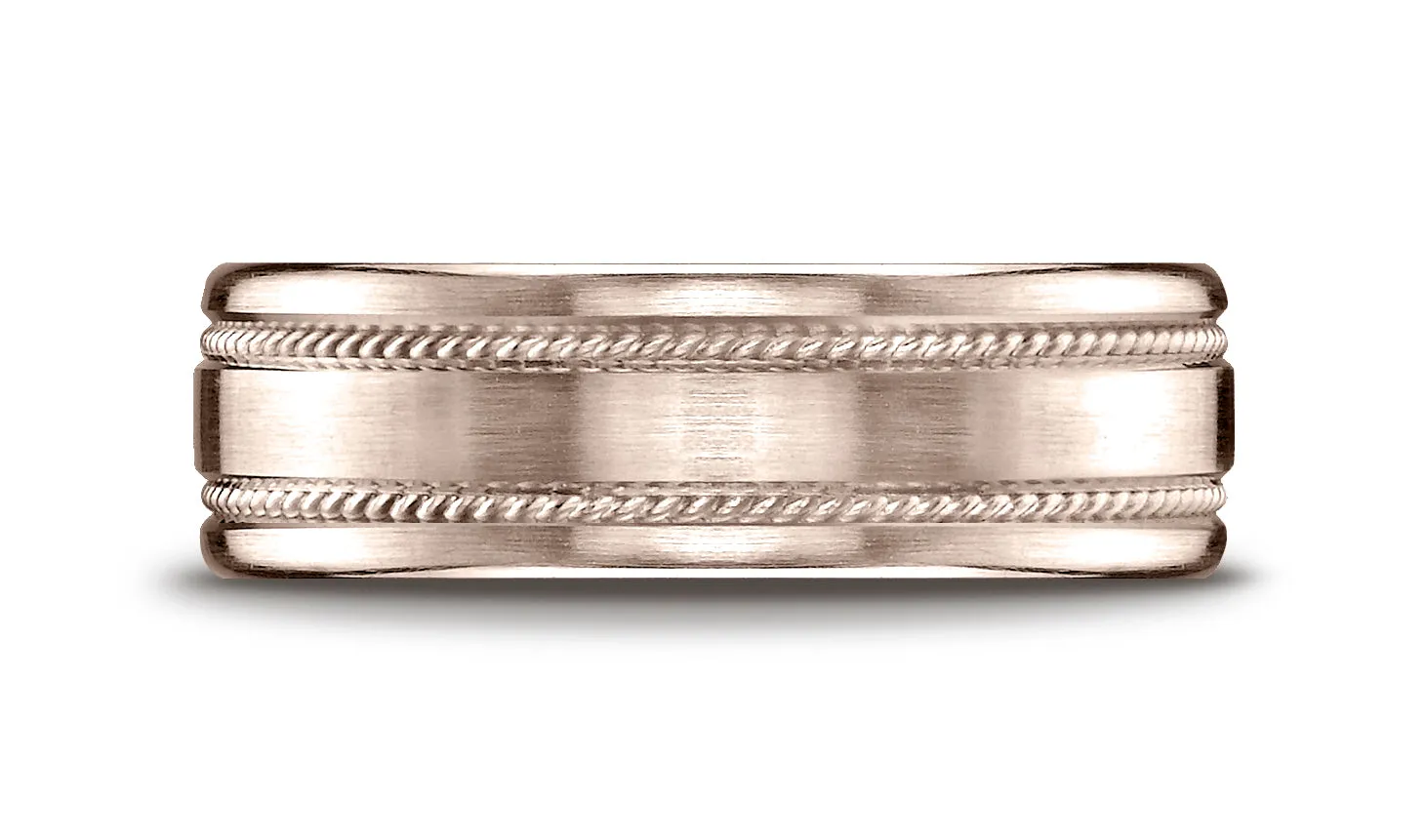 Benchmark 14K Rose Gold 7.5mm Comfort-Fit Satin-Finished Rope Carved Design Wedding Band Ring