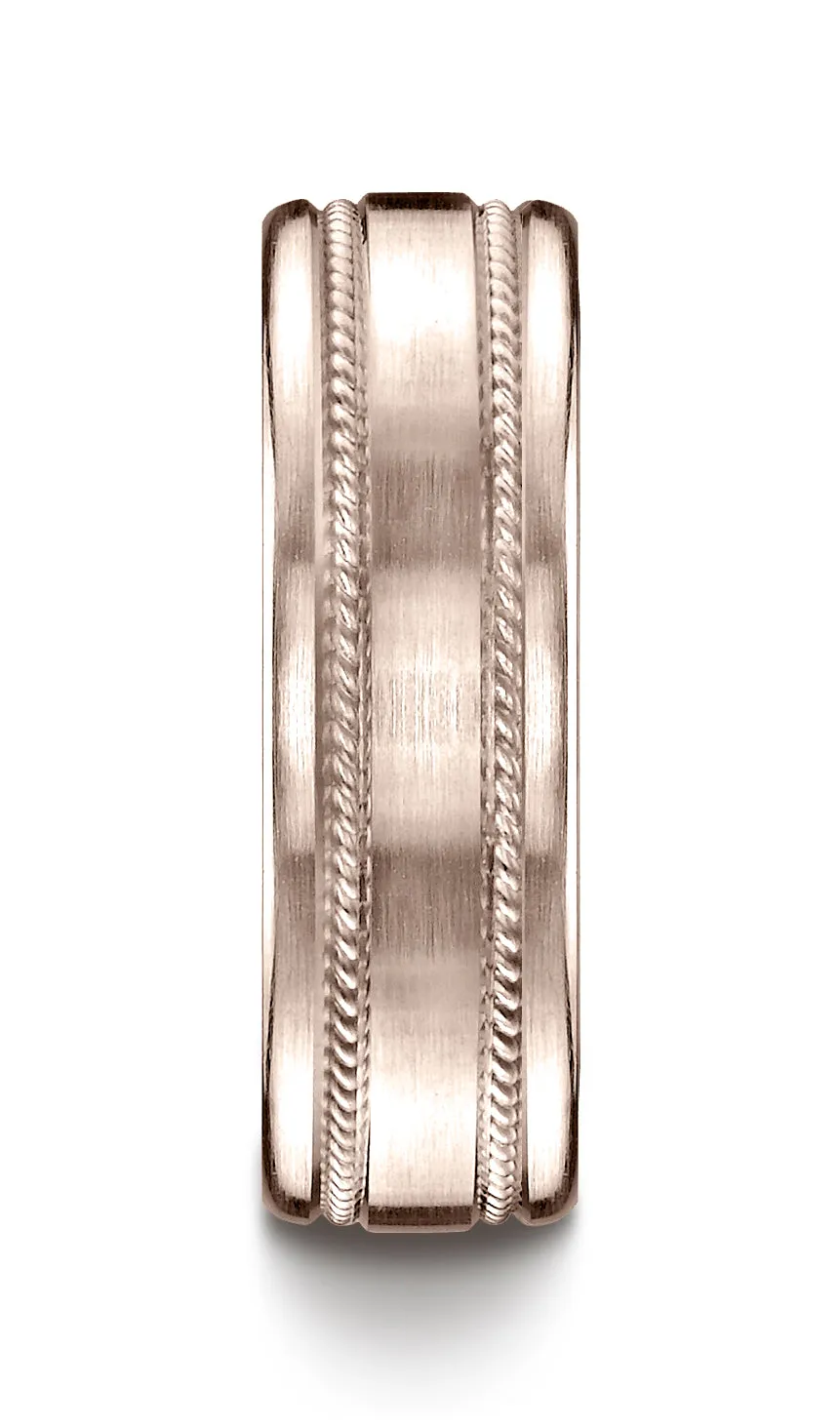 Benchmark 14K Rose Gold 7.5mm Comfort-Fit Satin-Finished Rope Carved Design Wedding Band Ring
