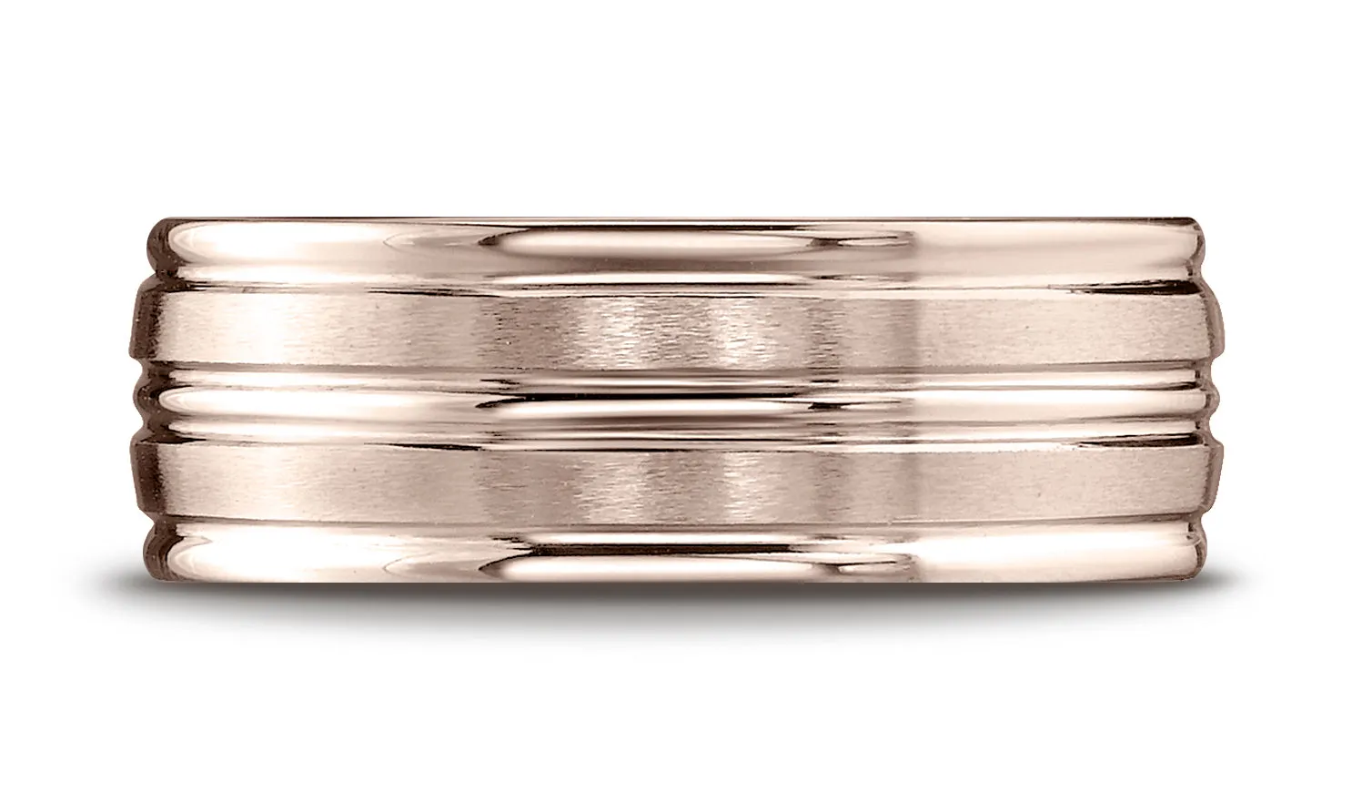 Benchmark 14K Rose Gold 8mm Comfort-Fit with High Polish Center Trim and Round Edge Carved Design Ring