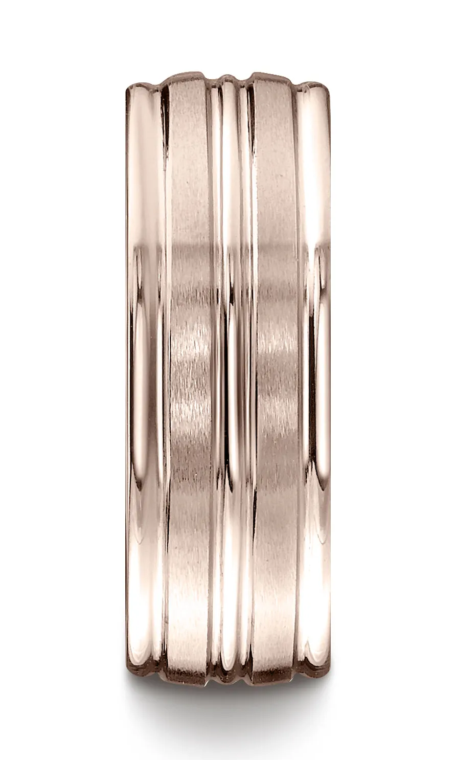 Benchmark 14K Rose Gold 8mm Comfort-Fit with High Polish Center Trim and Round Edge Carved Design Ring
