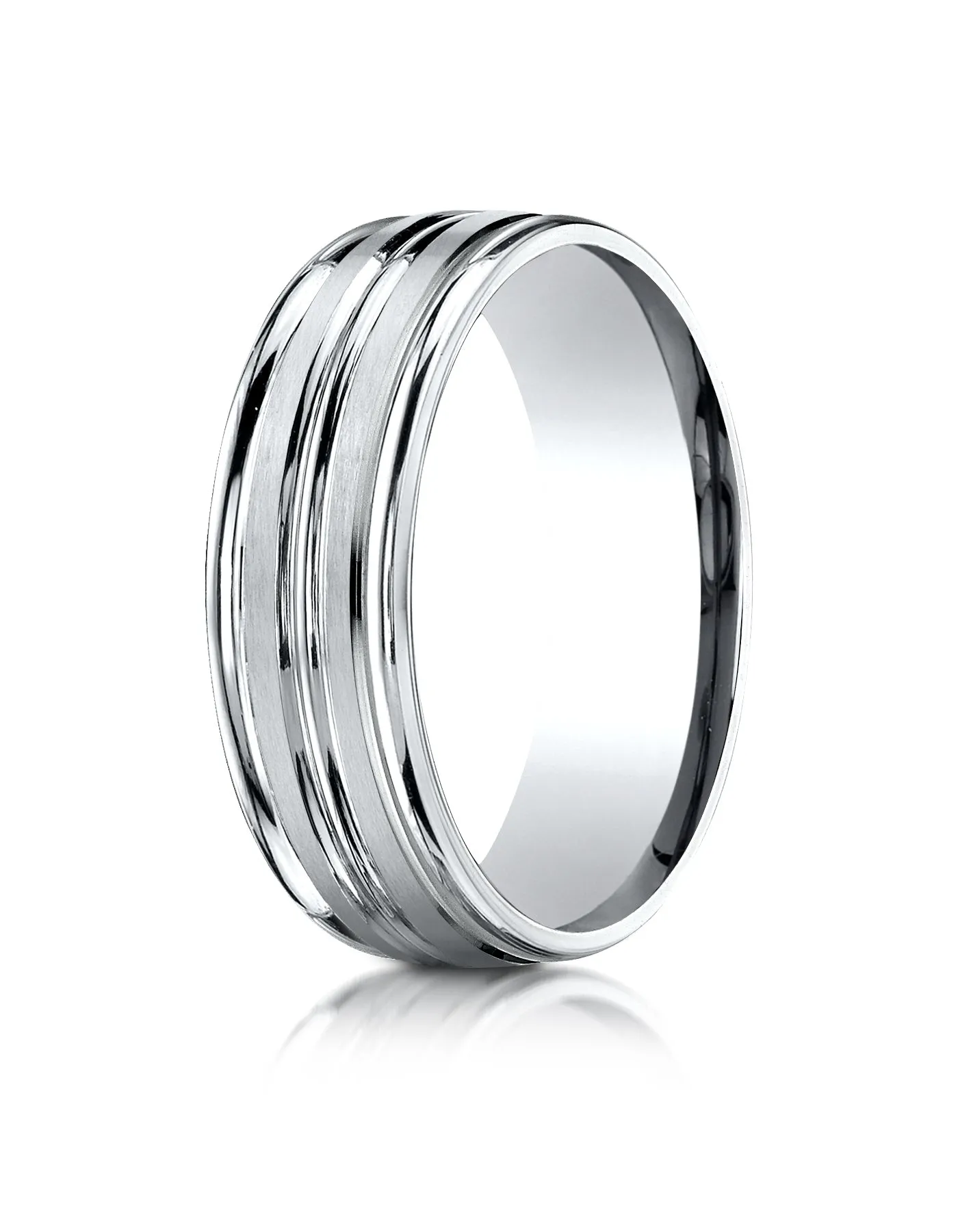 Benchmark 14k White Gold 7mm Comfort-Fit Satin-Finish and Round Edge Carved Design Band, (Sizes 4-15)