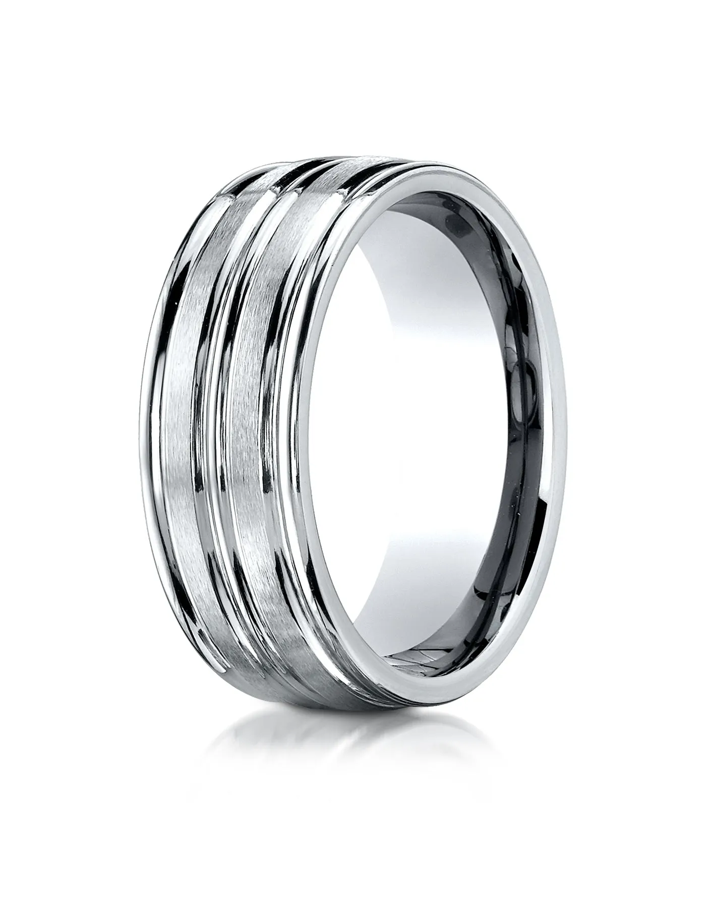 Benchmark 14K White Gold 8mm Comfort-Fit with High Polish Center Trim and Round Edge Carved Design Ring