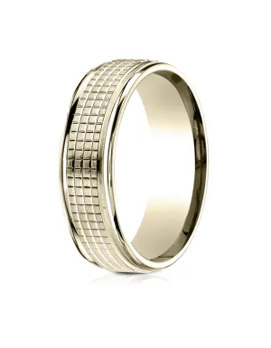 Benchmark 14k Yellow Gold 7mm Comfort-Fit High Polish Round Edge Cross Hatch Center Design Band, (4-15)