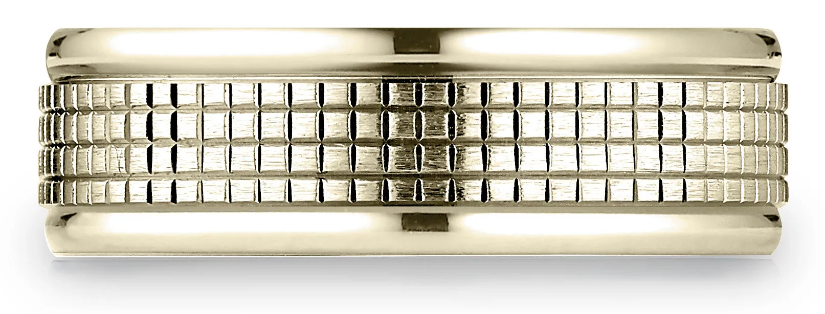 Benchmark 14k Yellow Gold 7mm Comfort-Fit High Polish Round Edge Cross Hatch Center Design Band, (4-15)