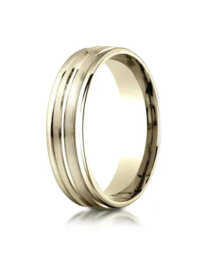 Benchmark 18K Yellow Gold 6mm Comfort-Fit with High Polish Center Trim and Round Edge Carved Design Ring