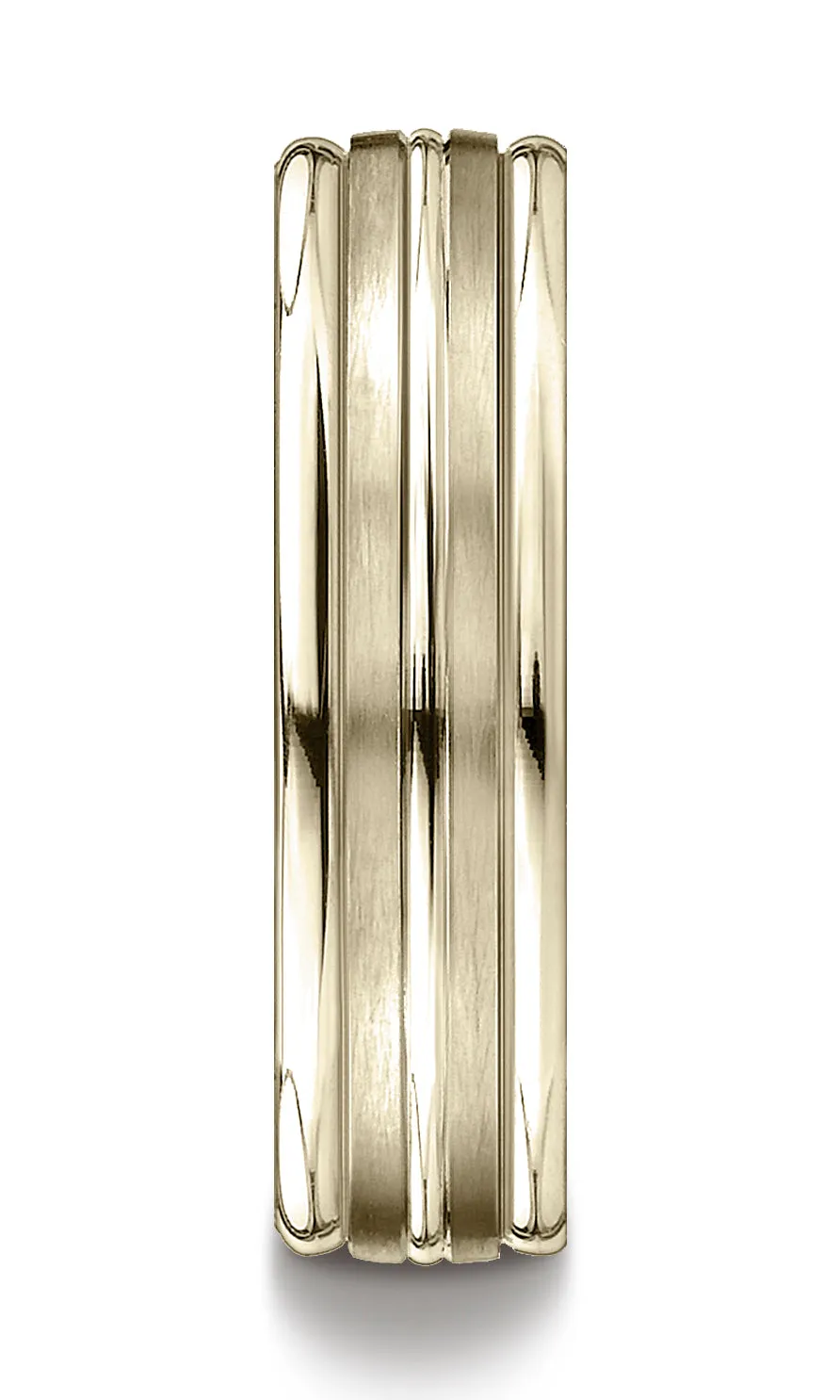 Benchmark 18K Yellow Gold 6mm Comfort-Fit with High Polish Center Trim and Round Edge Carved Design Ring