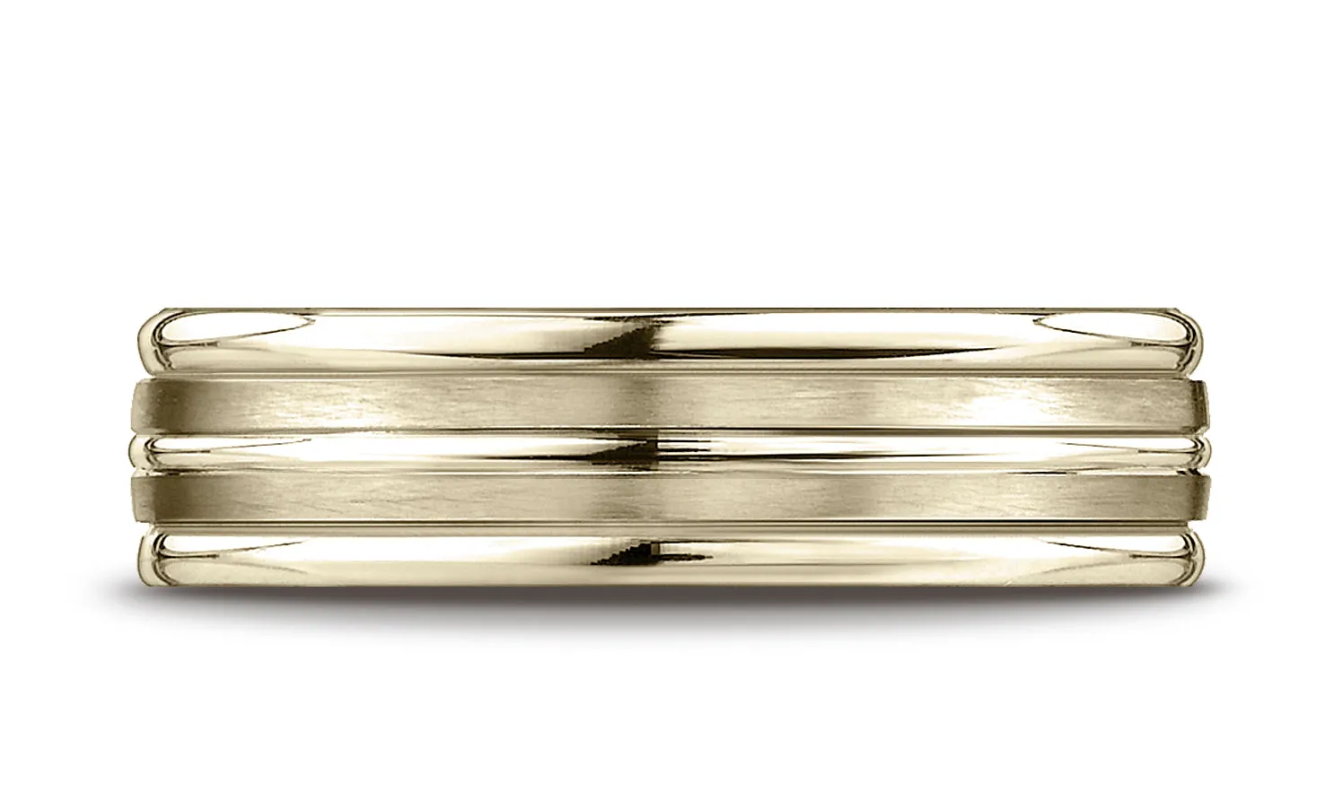 Benchmark 18K Yellow Gold 6mm Comfort-Fit with High Polish Center Trim and Round Edge Carved Design Ring