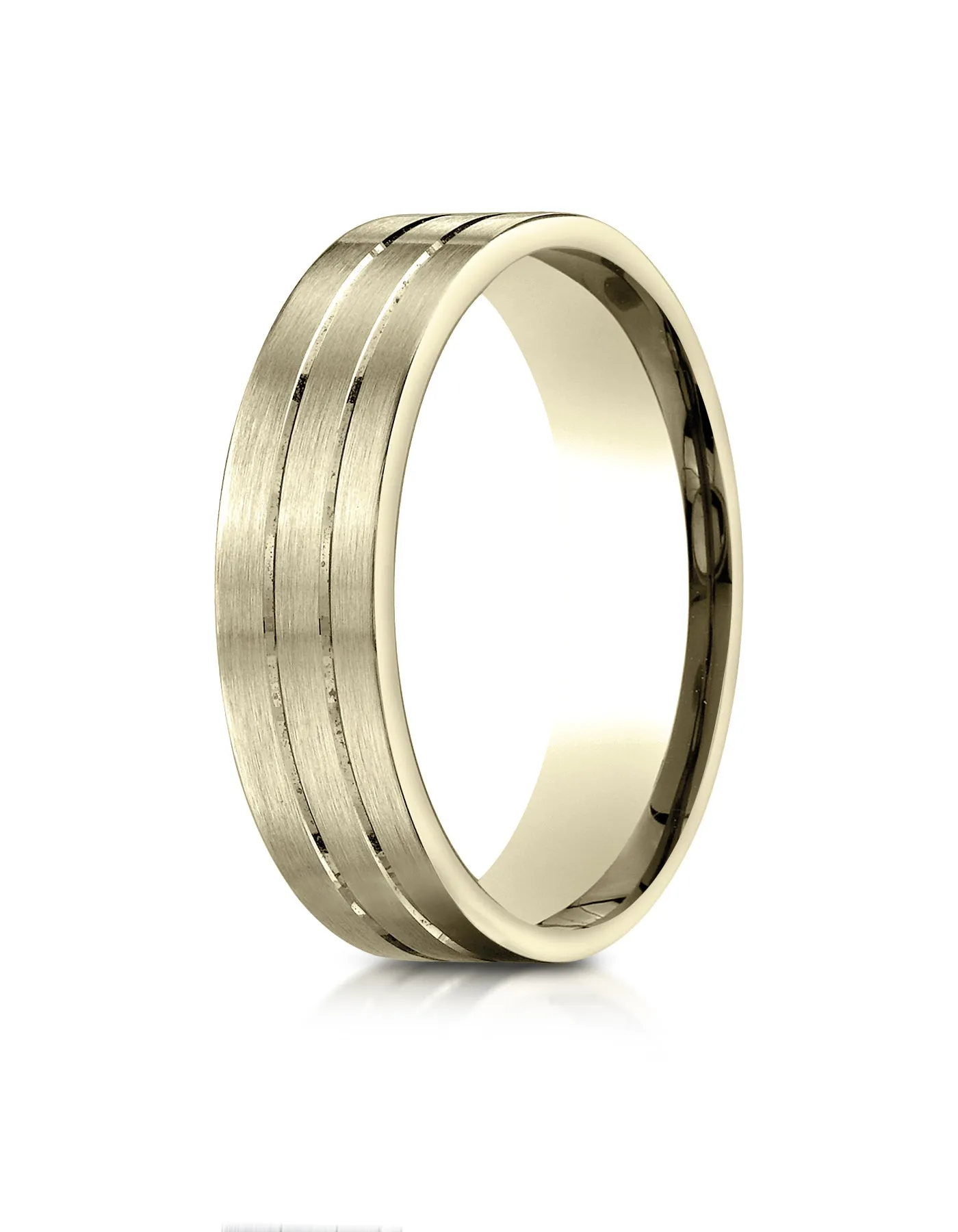 Benchmark 18K Yellow Gold 6mm Comfort-Fit with Parallel Center Cuts Carved Design Wedding Band Ring