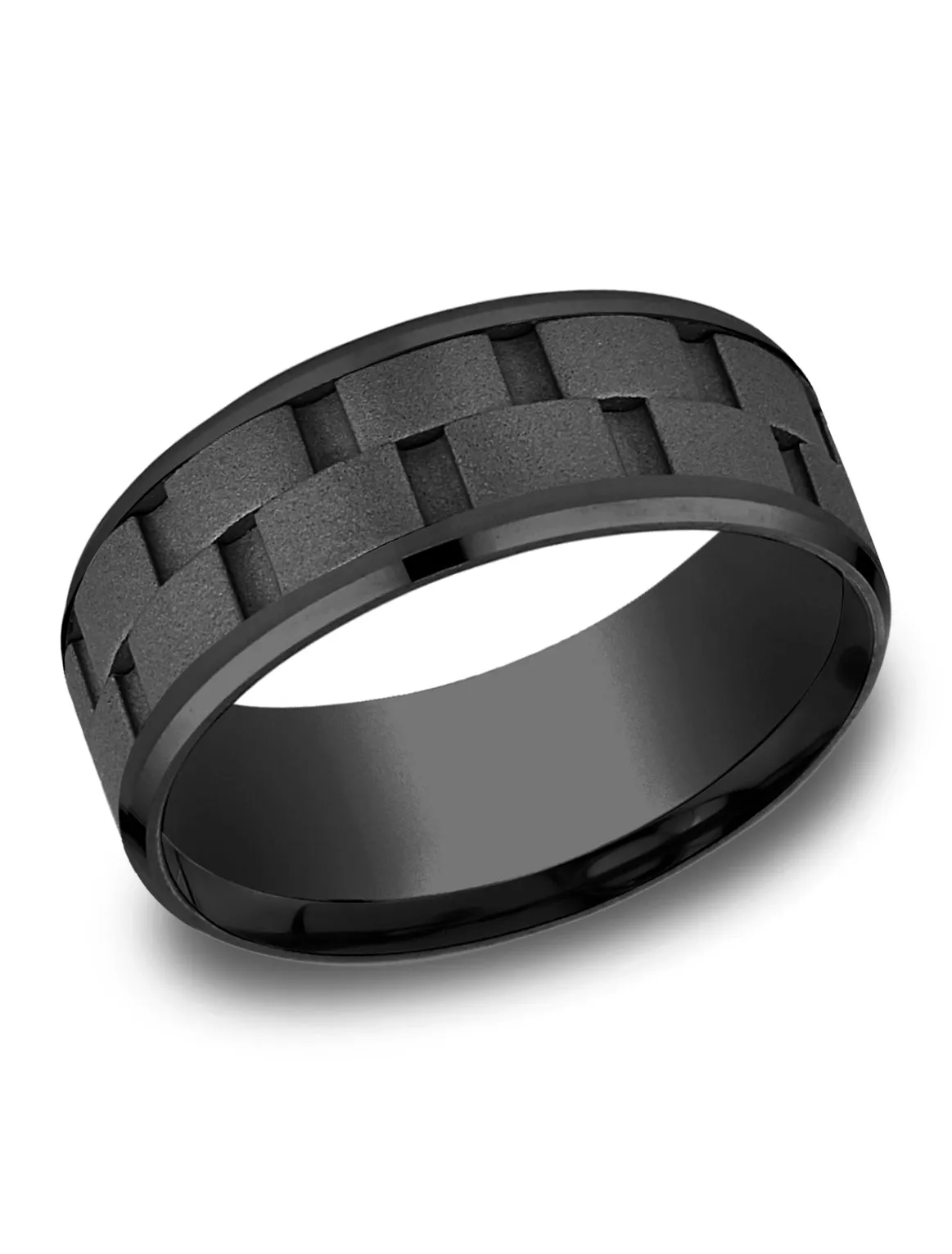 Benchmark Black Titanium 8mm Comfort-Fit Ring with Black Cobalt Link Pattern Center, (Size 6-14)