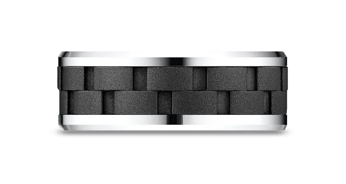 Benchmark Blackened Cobalt 8mm Comfort-Fit Beveled Edge Satin Finish Link Pattern Design Ring