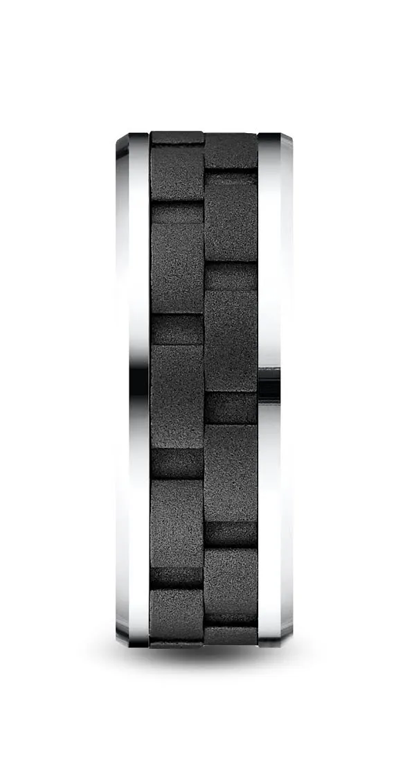 Benchmark Blackened Cobalt 8mm Comfort-Fit Beveled Edge Satin Finish Link Pattern Design Ring