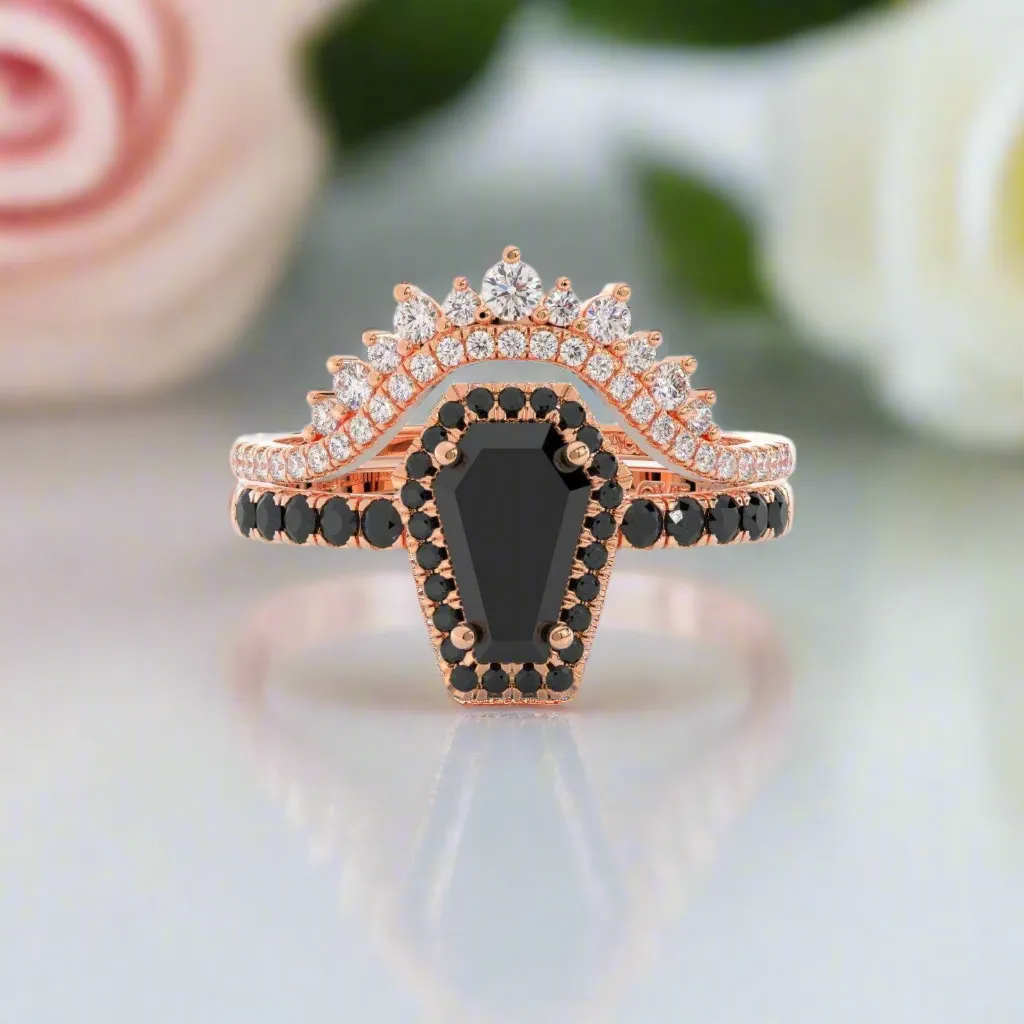 Best Love Rings- Rare Coffin Cut Diamond 14K Gold Gothic Ring Set