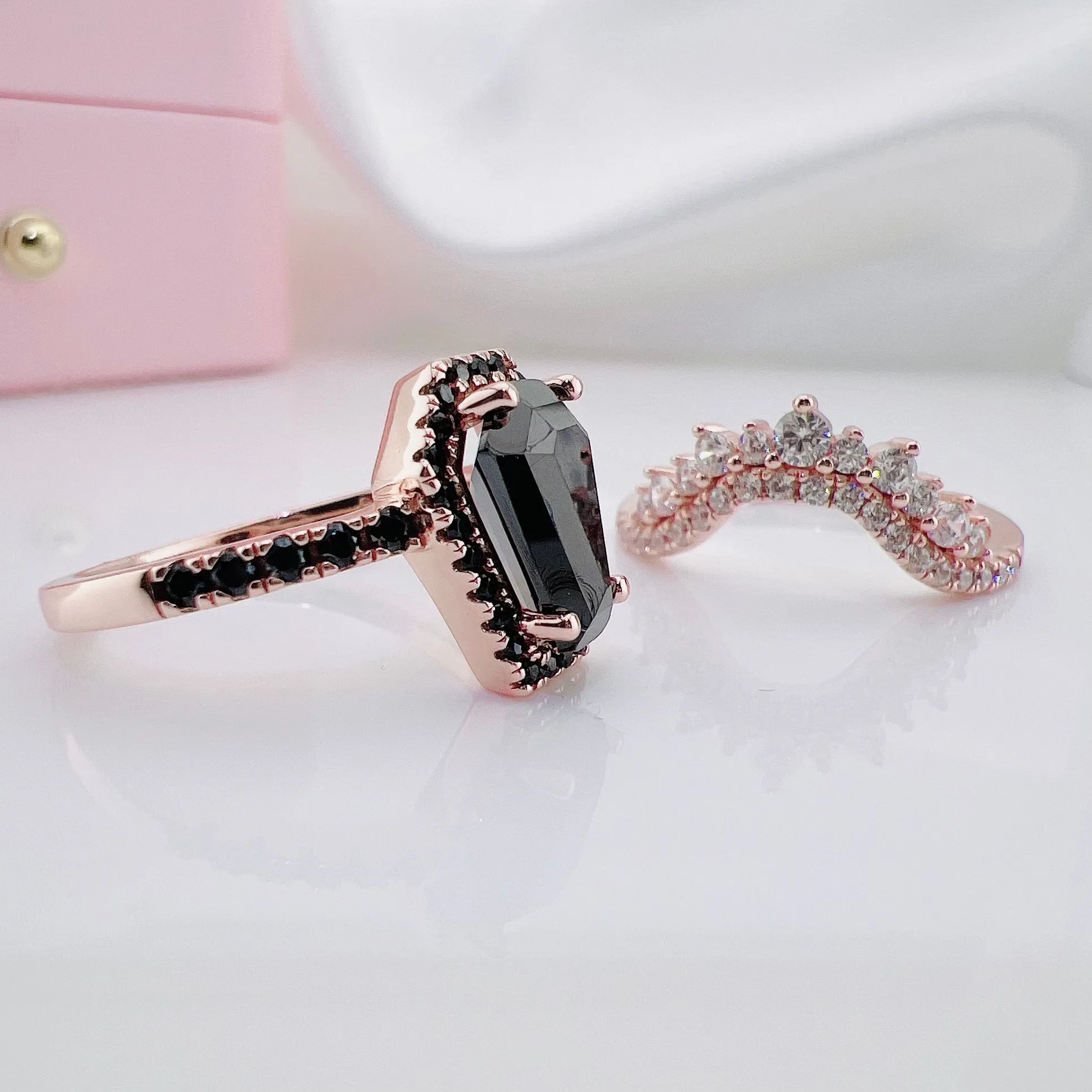 Best Love Rings- Rare Coffin Cut Diamond 14K Gold Gothic Ring Set