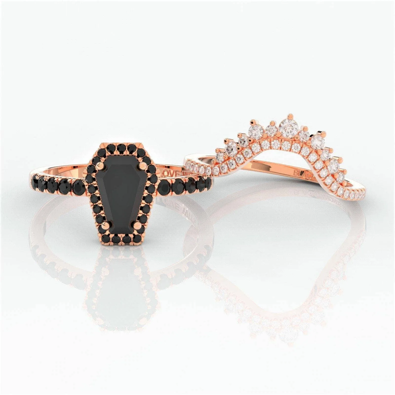 Best Love Rings- Rare Coffin Cut Diamond 14K Gold Gothic Ring Set