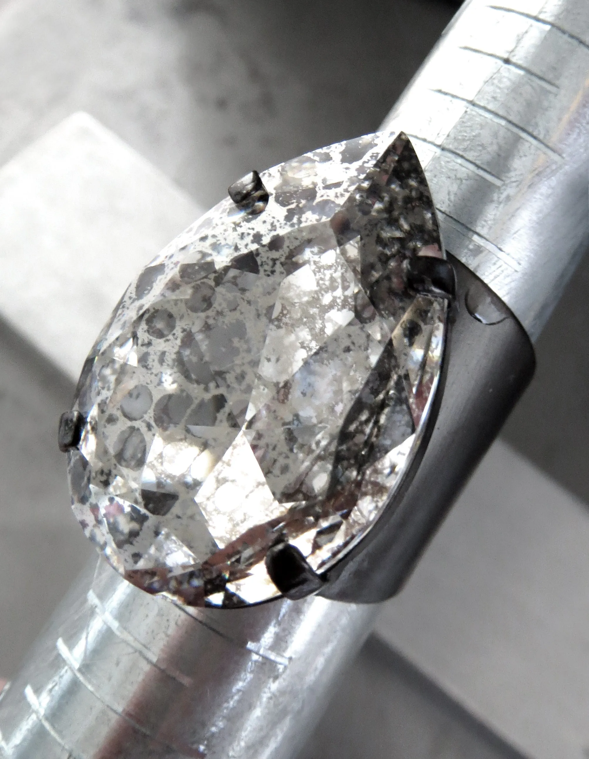 BEWITCHED - Large Modern Teardrop Silver Patina Crystal Ring