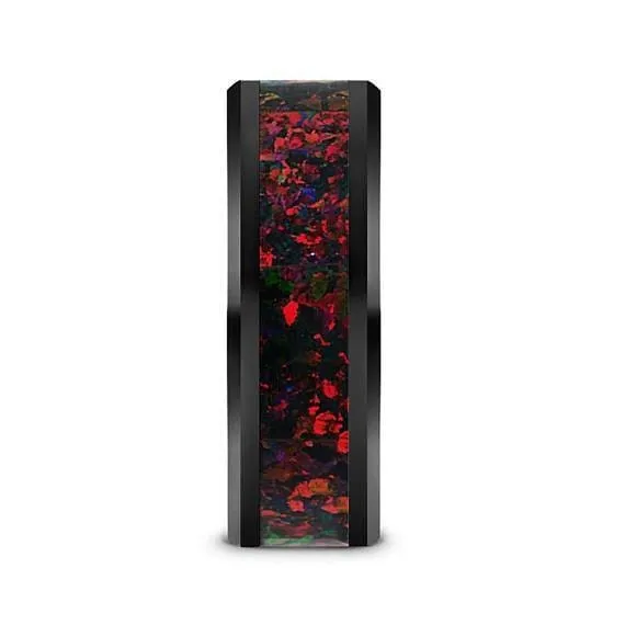 Black Ceramic Wedding Ring With Black Opal Inlay Beveled Polished Finish - 8mm