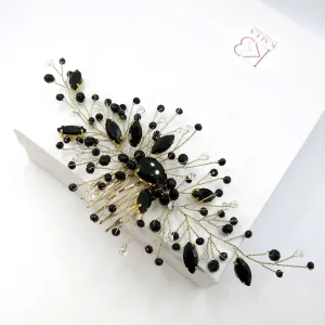 Black Gem Bridal Hair Comb, Rhinestone Gothic Hairpiece, Large Wedding Black Crystal Headpiece
