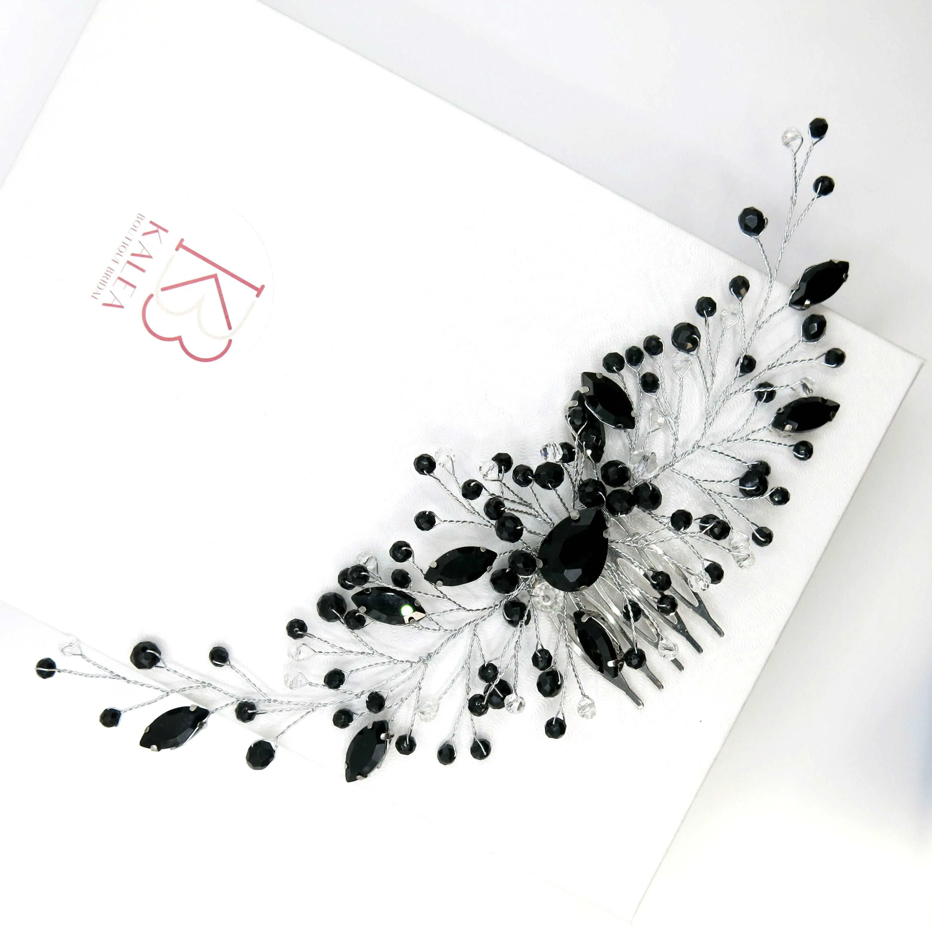 Black Gem Bridal Hair Comb, Rhinestone Gothic Hairpiece, Large Wedding Black Crystal Headpiece