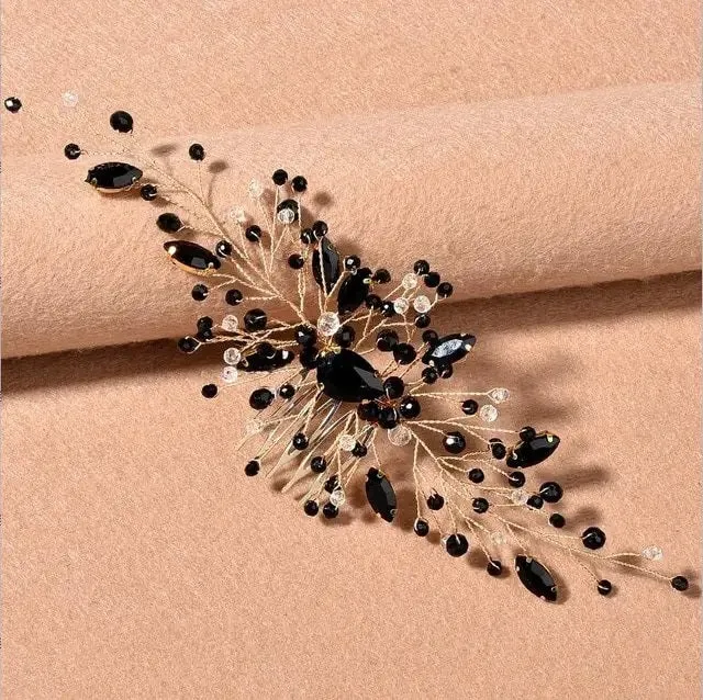 Black Gem Bridal Hair Comb, Rhinestone Gothic Hairpiece, Large Wedding Black Crystal Headpiece