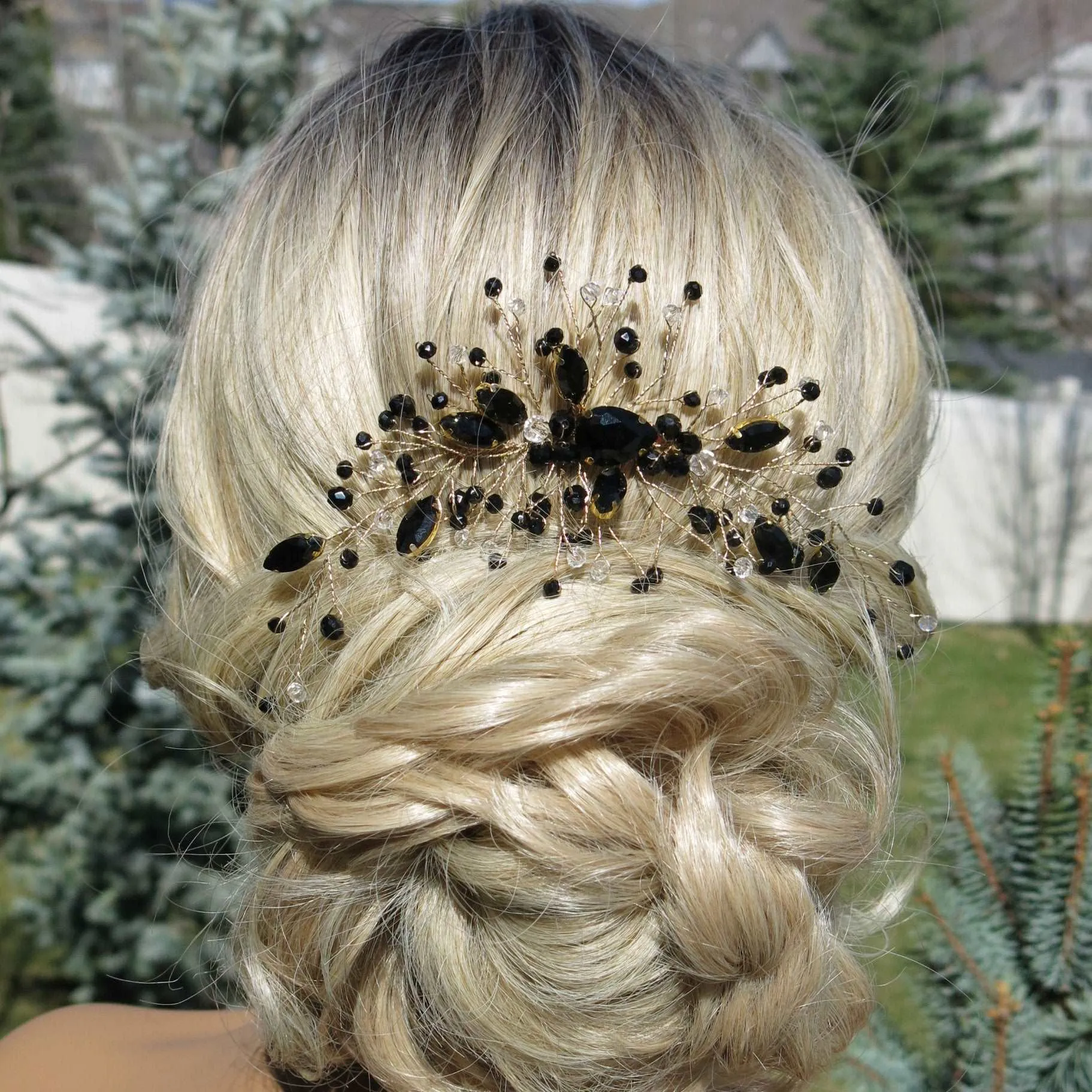 Black Gem Bridal Hair Comb, Rhinestone Gothic Hairpiece, Large Wedding Black Crystal Headpiece