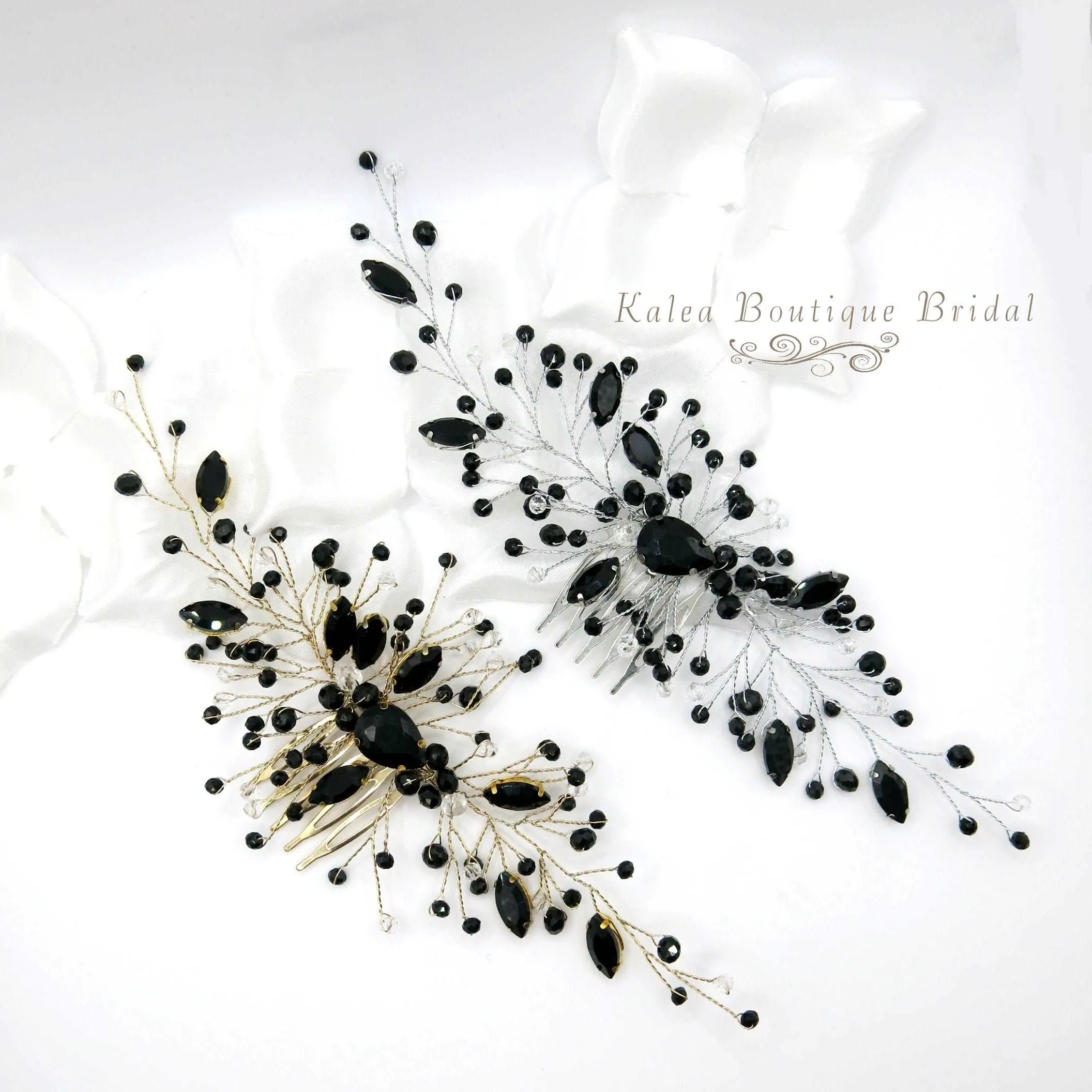 Black Gem Bridal Hair Comb, Rhinestone Gothic Hairpiece, Large Wedding Black Crystal Headpiece